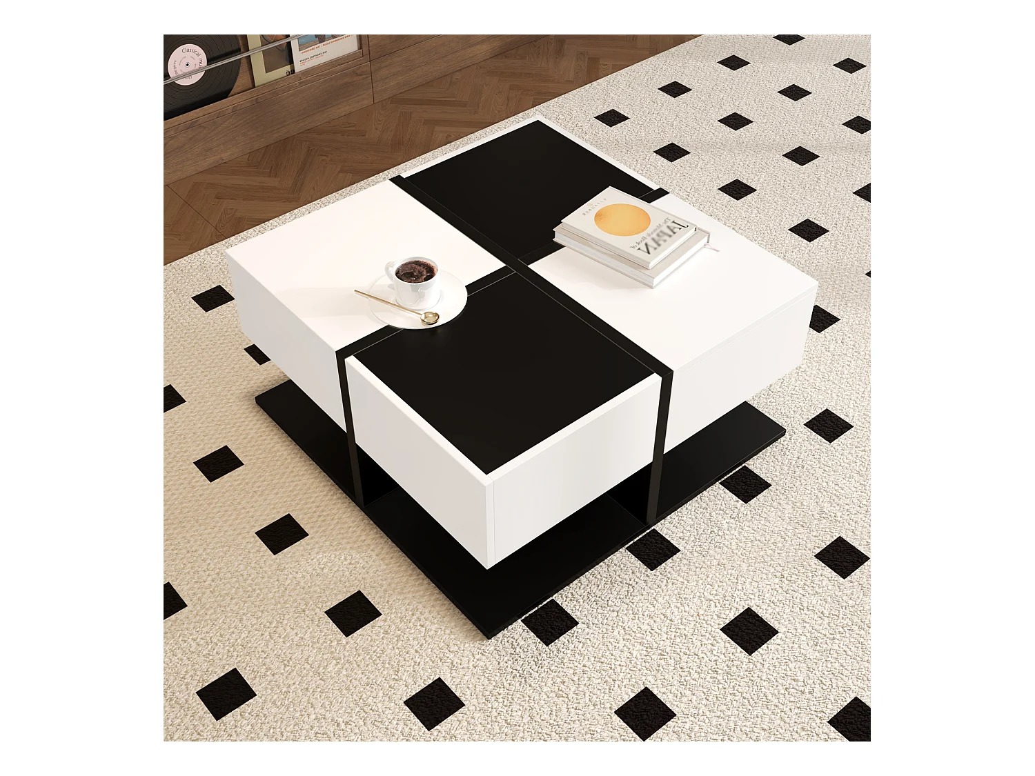 Moderne zwart-witte salontafel met 2 lades, vierkant design, spaanplaat, 70x70x35,5 cm