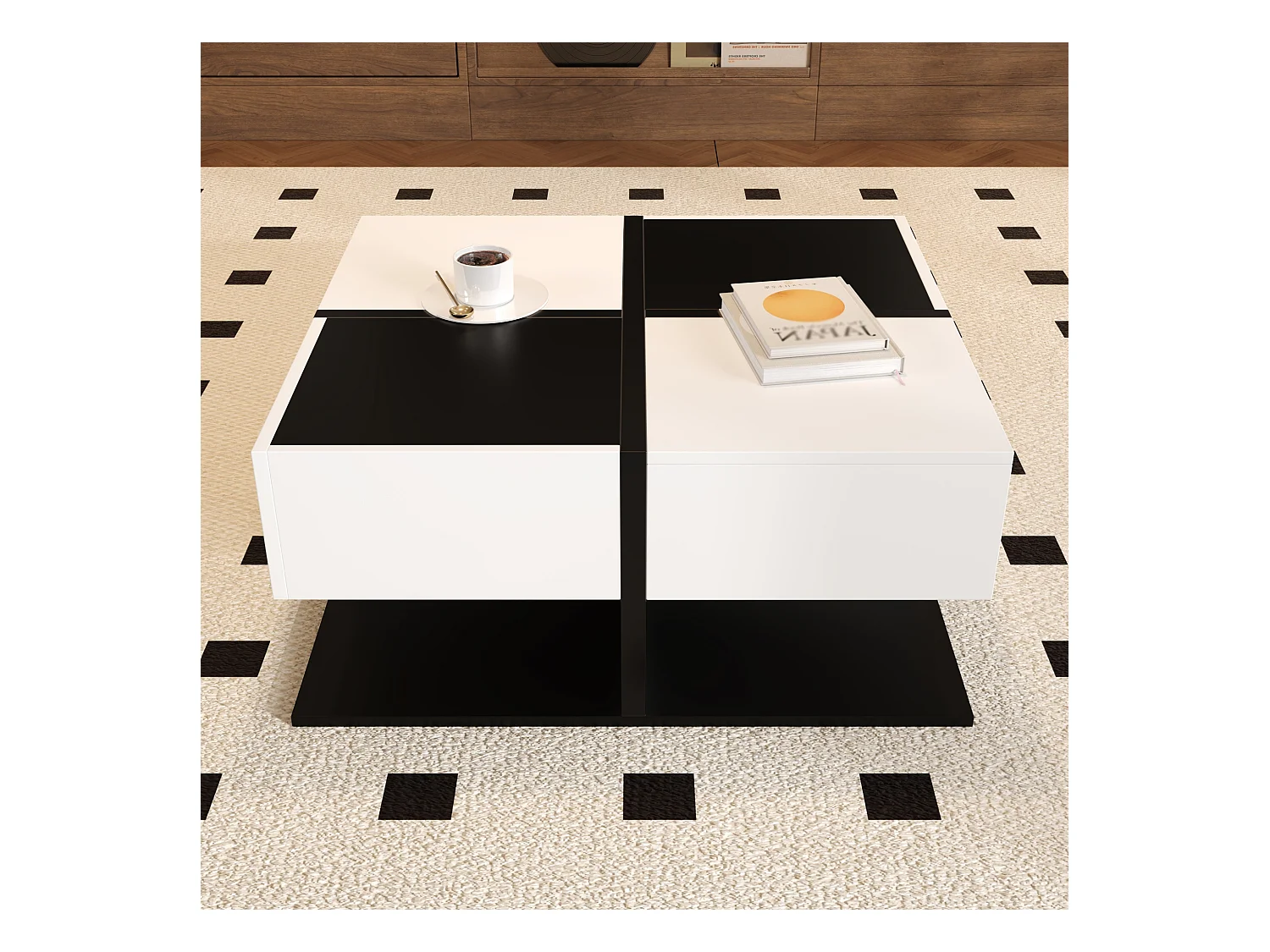 Moderne zwart-witte salontafel met 2 lades, vierkant design, spaanplaat, 70x70x35,5 cm