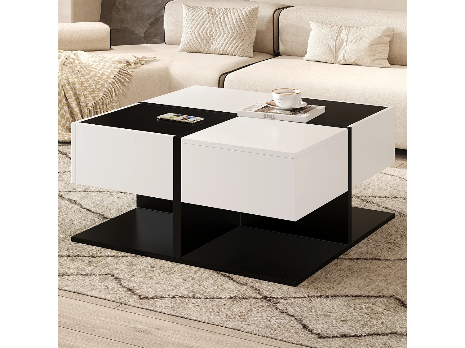 Moderne zwart-witte salontafel met 2 lades, vierkant design, spaanplaat, 70x70x35,5 cm