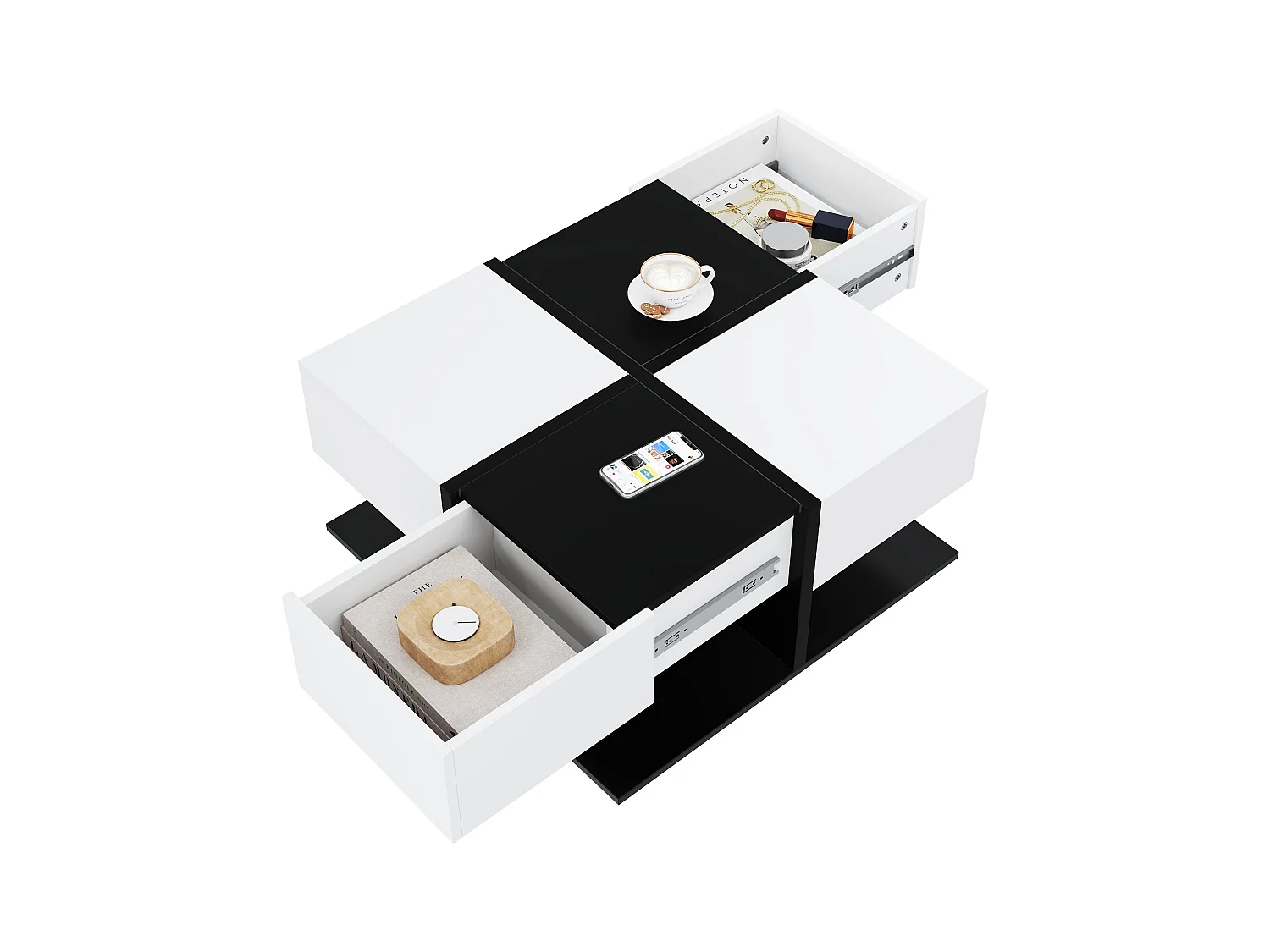 Table basse moderne noir et blanc avec 2 tiroirs, design carré, panneaux de particules, 70x70x35.5 cm