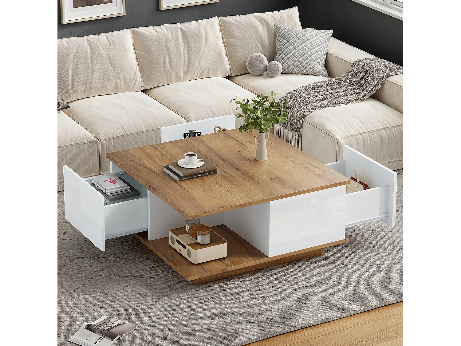 Table basse avec 3 tiroirs et espace de rangement, design géométrique, panneaux de particules, blanc et bois naturel (70x70x31.5 cm)