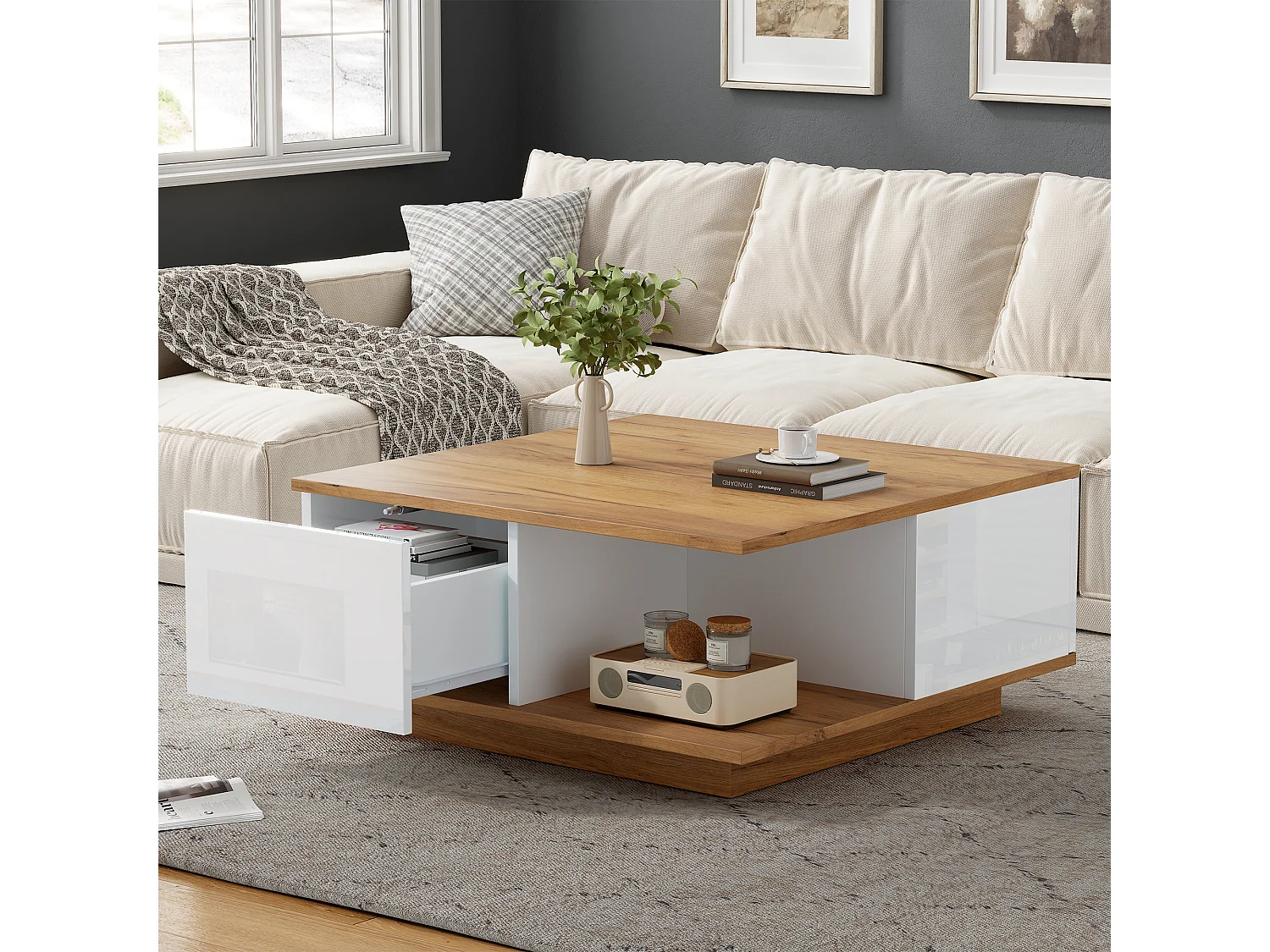 Table basse avec 3 tiroirs et espace de rangement, design géométrique, panneaux de particules, blanc et bois naturel (70x70x31.5 cm)