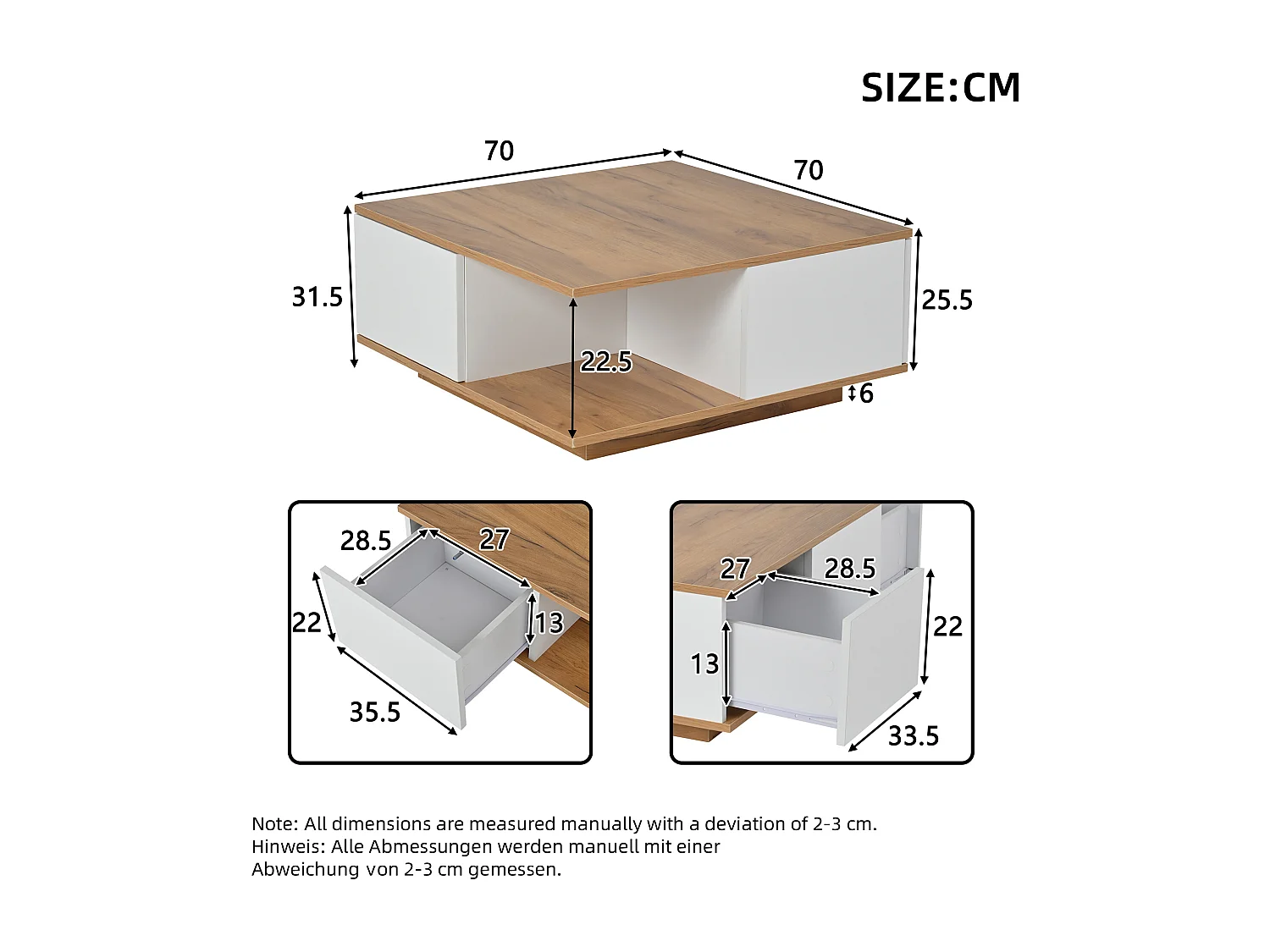 Table basse avec 3 tiroirs et espace de rangement, design géométrique, panneaux de particules, blanc et bois naturel (70x70x31.5 cm)