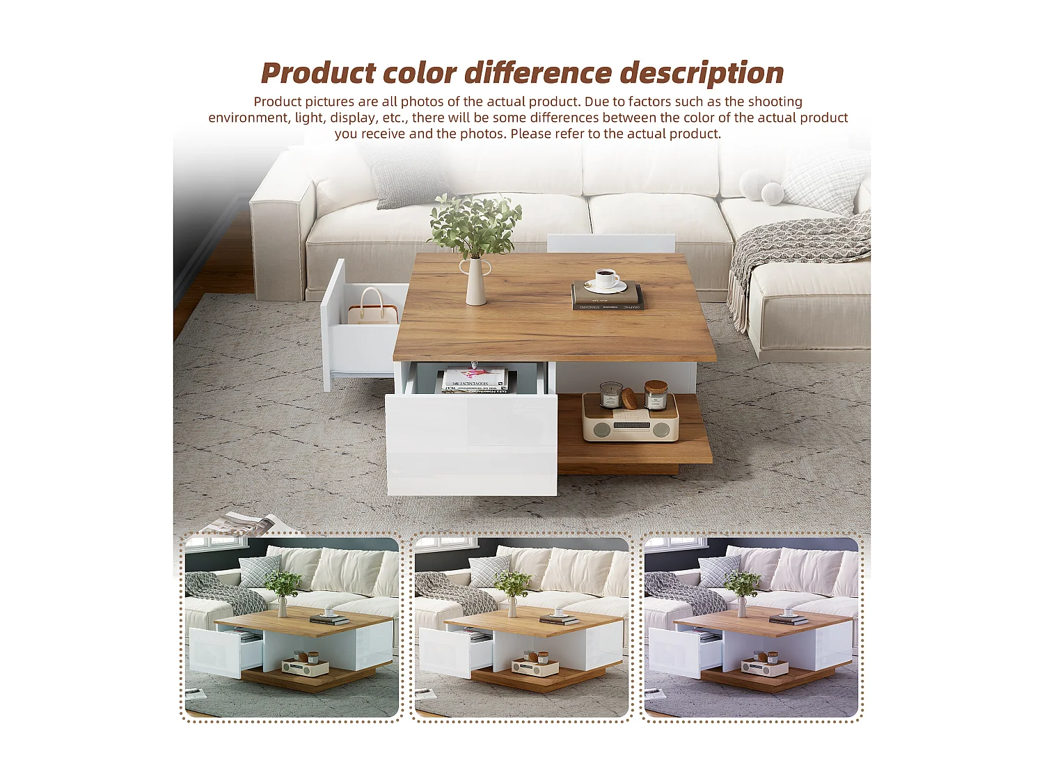 Table basse avec 3 tiroirs et espace de rangement, design géométrique, panneaux de particules, blanc et bois naturel (70x70x31.5 cm)