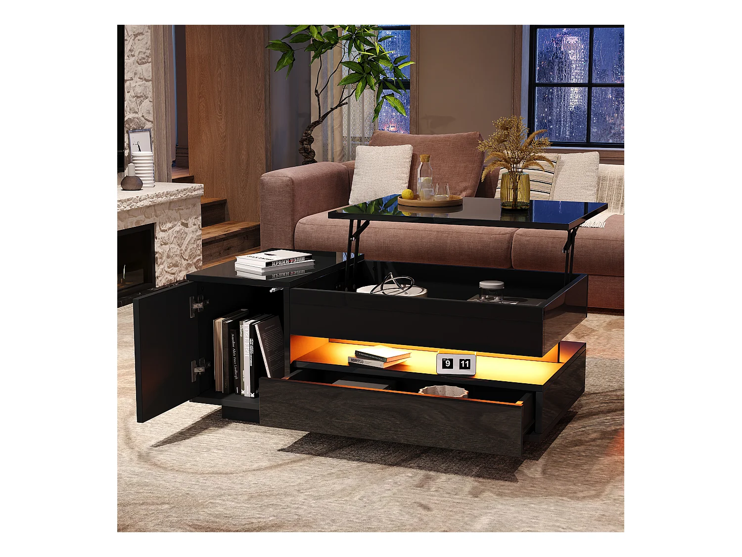 Table basse avec fonction élévatrice et LED – MDF, noir, avec 1 tiroir, 1 armoire et espace de rangement caché (95x50x34.5 cm)