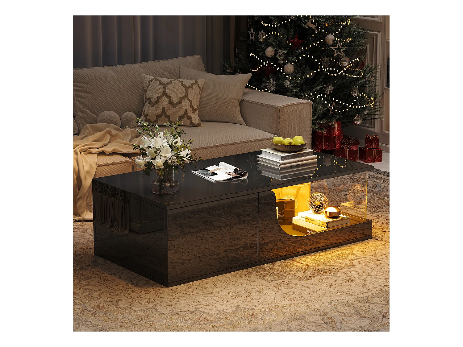 Table basse brillante - 100 x 50 x 30 cm - avec 2 tiroirs + avec Leds - support verre trempé - MDF - noir