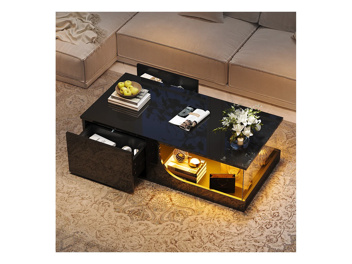 Table basse brillante - 100 x 50 x 30 cm - avec 2 tiroirs + avec Leds - support verre trempé - MDF - noir