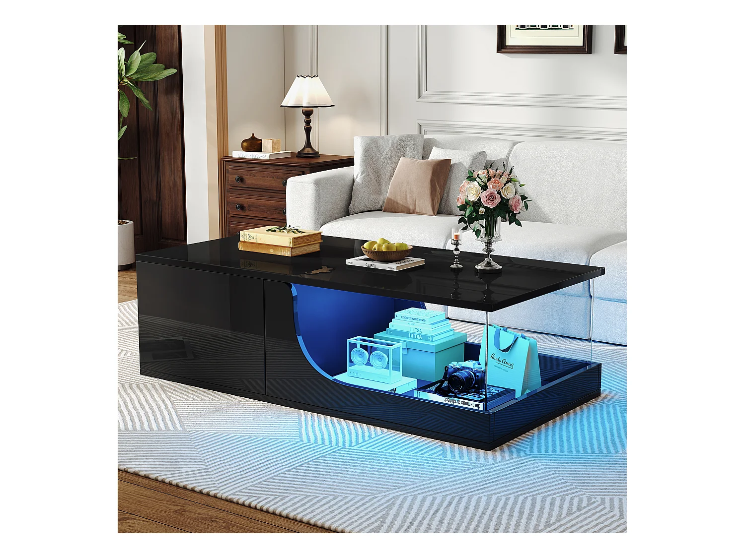 Table basse brillante - 100 x 50 x 30 cm - avec 2 tiroirs + avec Leds - support verre trempé - MDF - noir
