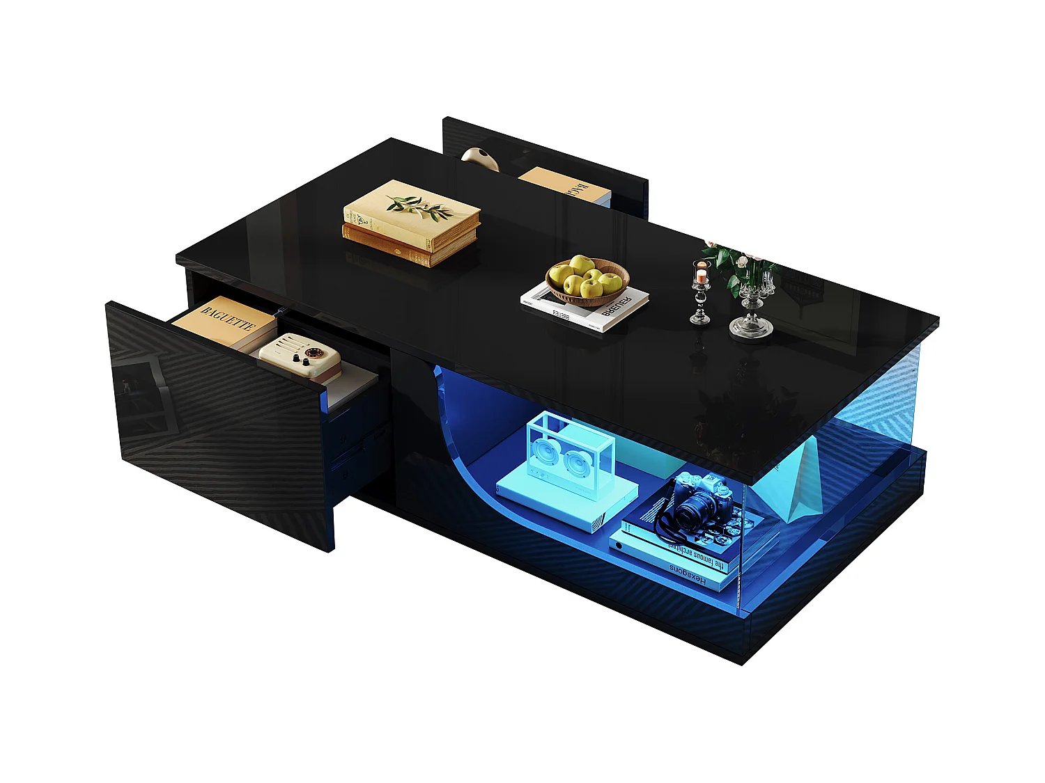 Table basse brillante - 100 x 50 x 30 cm - avec 2 tiroirs + avec Leds - support verre trempé - MDF - noir