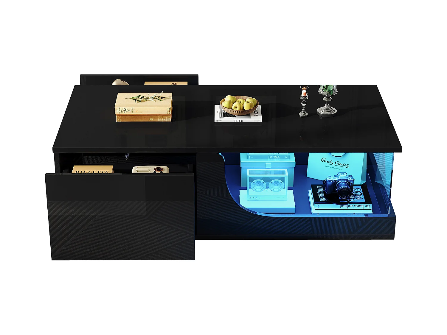 Table basse brillante - 100 x 50 x 30 cm - avec 2 tiroirs + avec Leds - support verre trempé - MDF - noir
