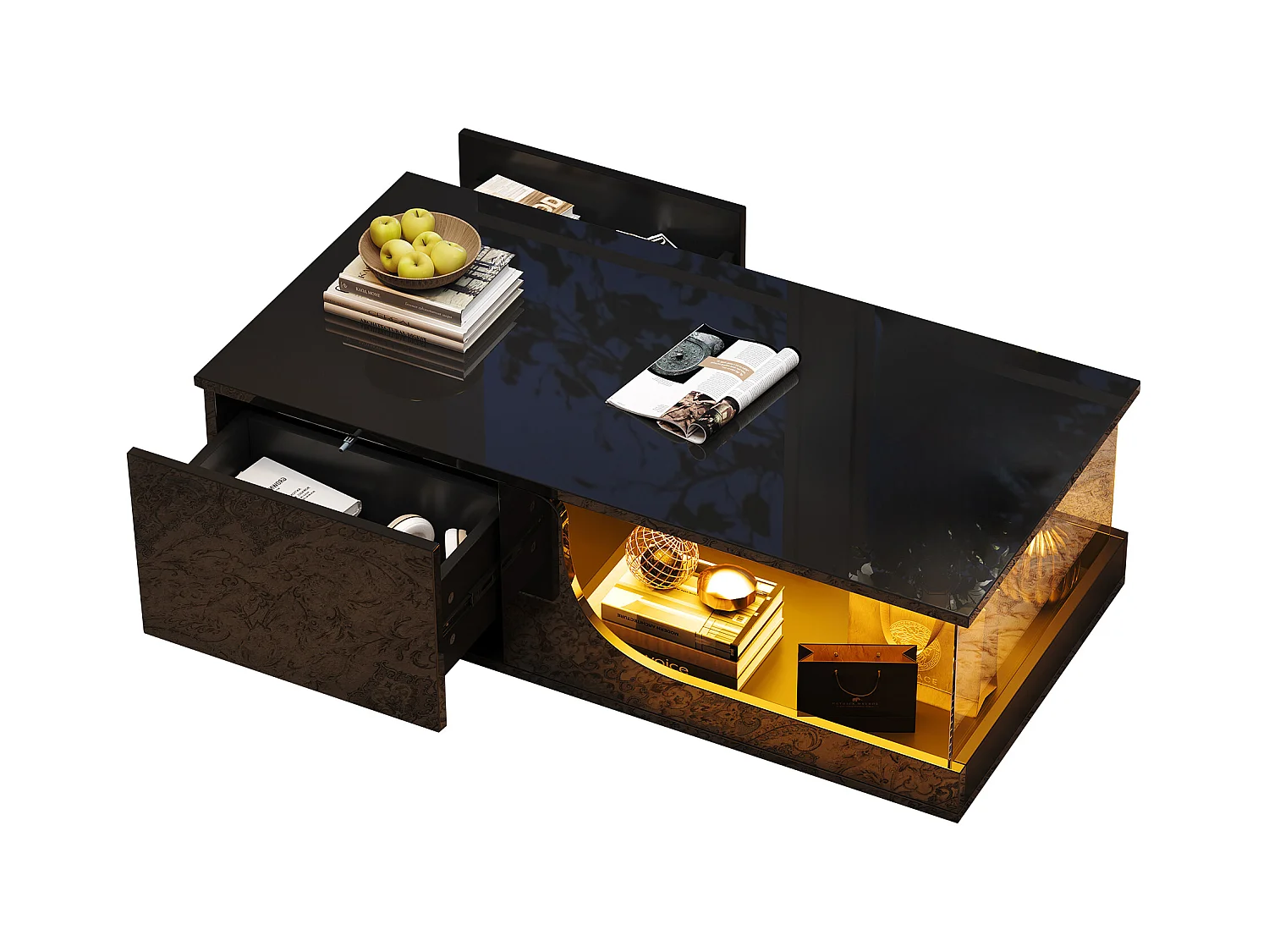 Table basse brillante - 100 x 50 x 30 cm - avec 2 tiroirs + avec Leds - support verre trempé - MDF - noir