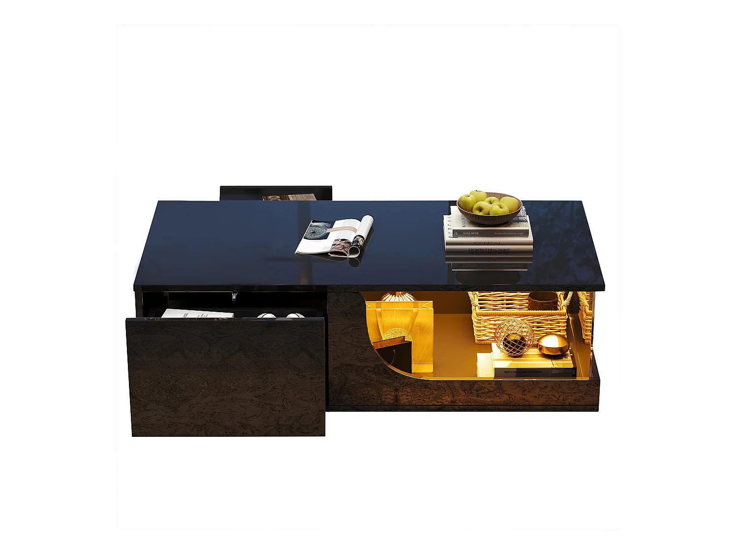 Table basse brillante - 100 x 50 x 30 cm - avec 2 tiroirs + avec Leds - support verre trempé - MDF - noir