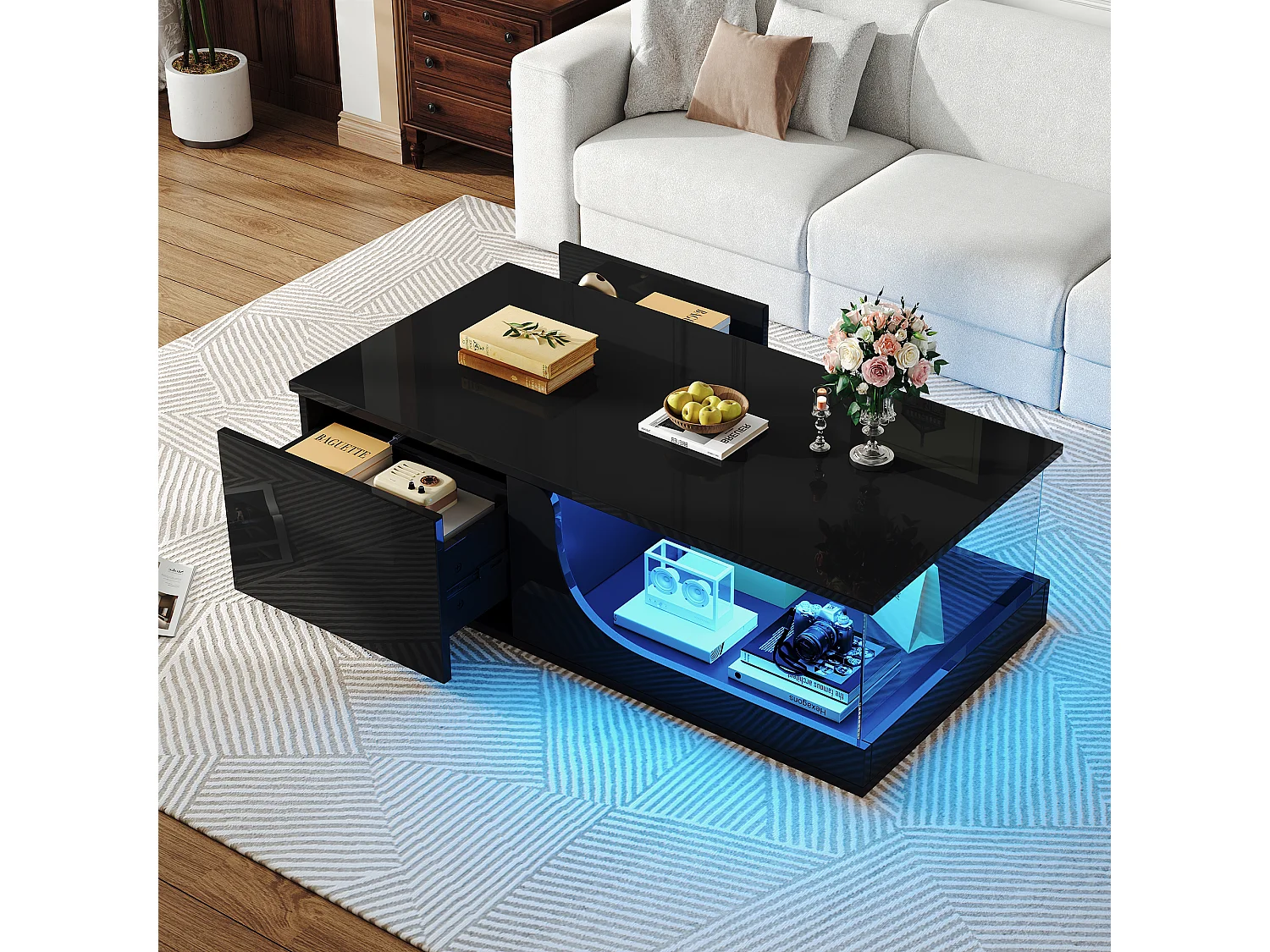 Glänzender Couchtisch - 100 x 50 x 30 cm - mit 2 Schubladen + LEDs - Basis aus gehärtetem Glas - MDF - Schwarz