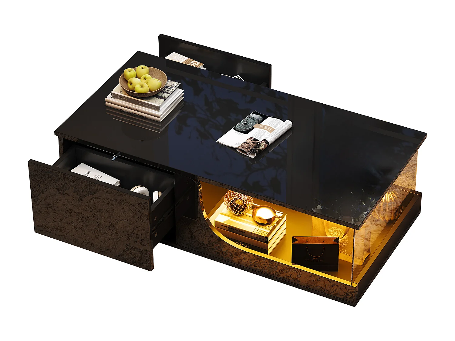 Glänzender Couchtisch - 100 x 50 x 30 cm - mit 2 Schubladen + LEDs - Basis aus gehärtetem Glas - MDF - Schwarz