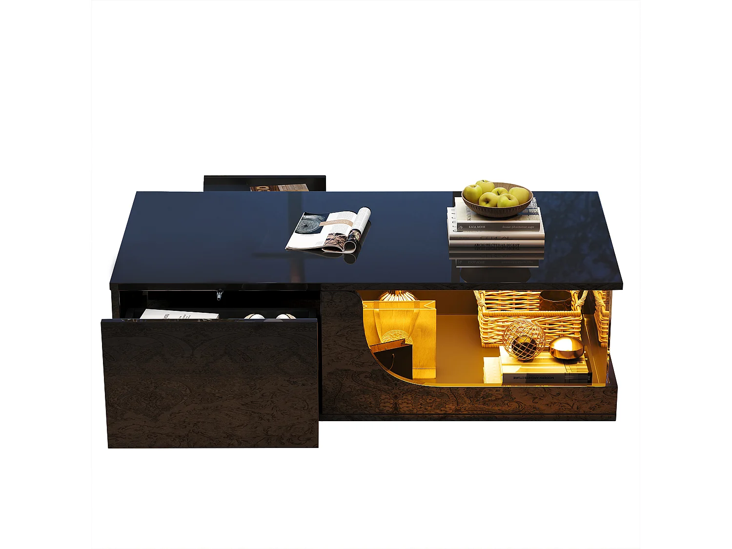 Glänzender Couchtisch - 100 x 50 x 30 cm - mit 2 Schubladen + LEDs - Basis aus gehärtetem Glas - MDF - Schwarz