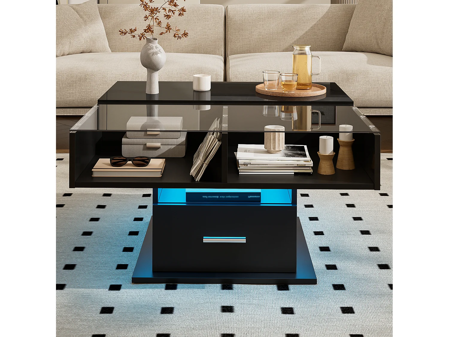Table basse multifonction avec LED, hauteur réglable, stockage flexible, laquée noire (78x78x45.5/59.5 cm)