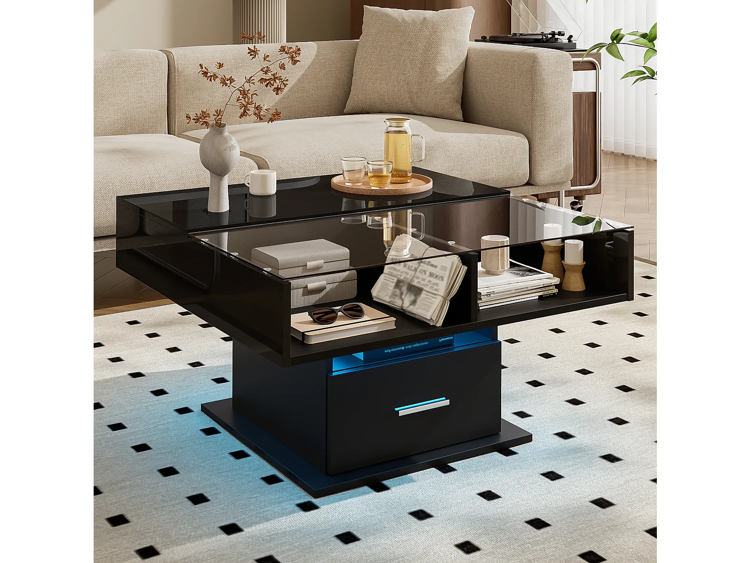 Table basse multifonction avec LED, hauteur réglable, stockage flexible, laquée noire (78x78x45.5/59.5 cm)