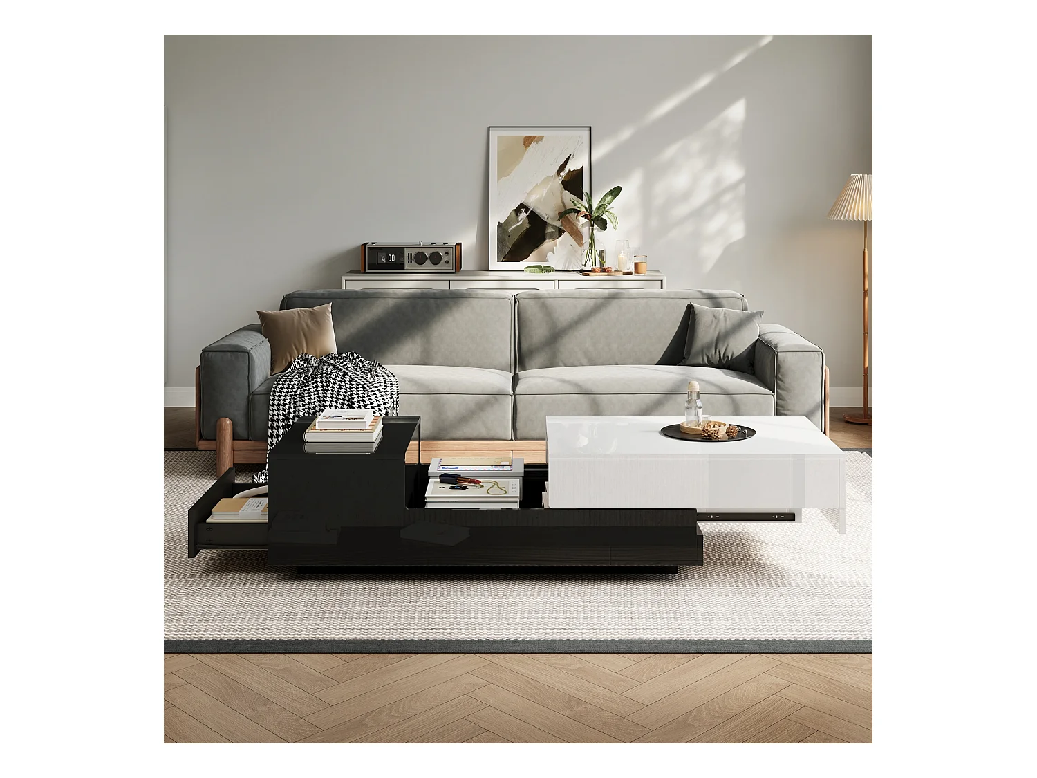 Table basse brillante - 100 x 50 x 38 cm -  avec 1 tiroir + plateau coulissant - aggloméré - blanc + noir