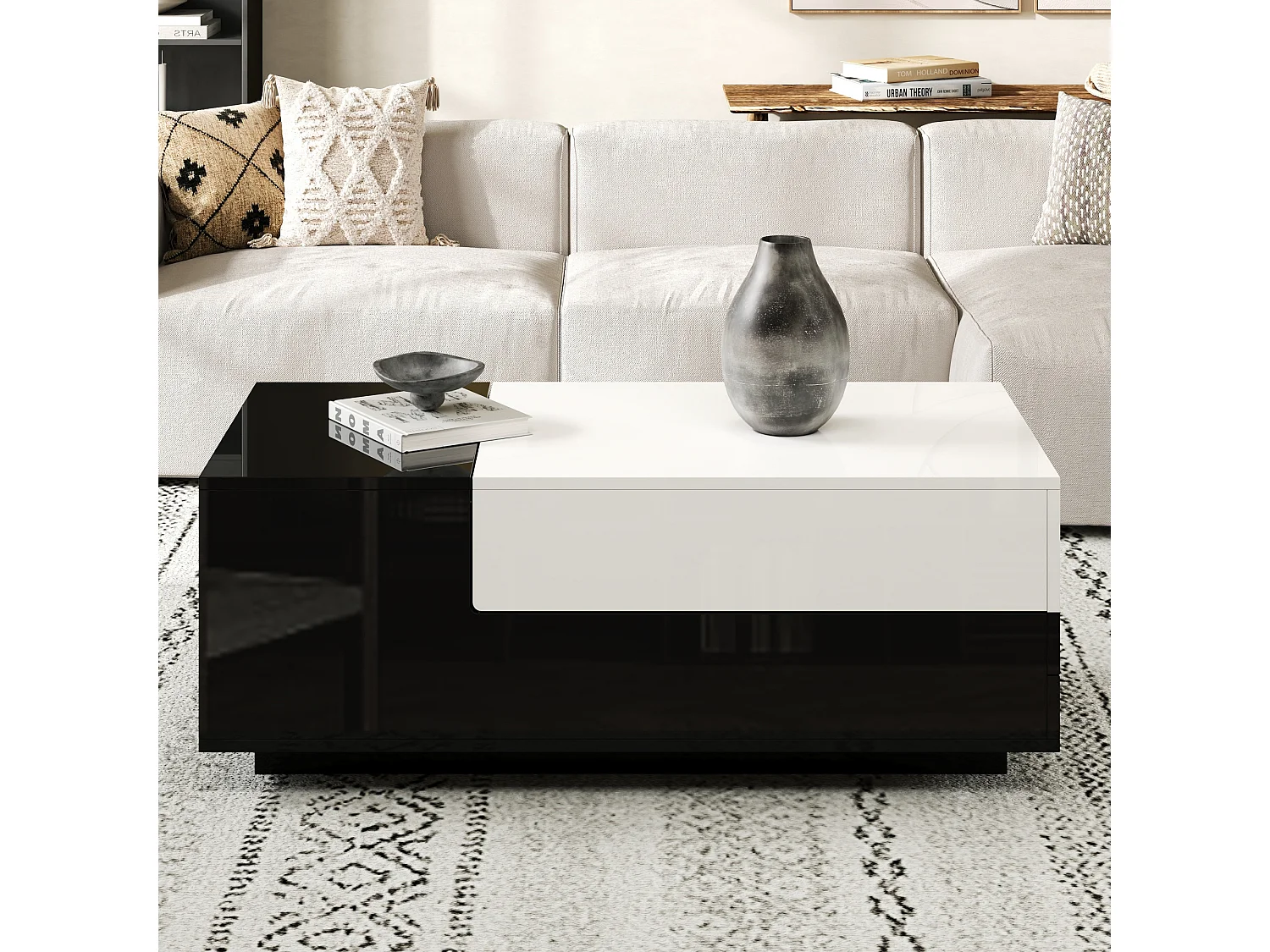 Tavolino da caffè lucido - 100 x 50 x 38 cm - con 1 cassetto + piano scorrevole - truciolare - bianco + nero