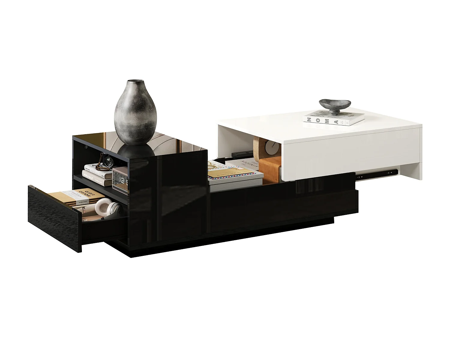 Tavolino da caffè lucido - 100 x 50 x 38 cm - con 1 cassetto + piano scorrevole - truciolare - bianco + nero