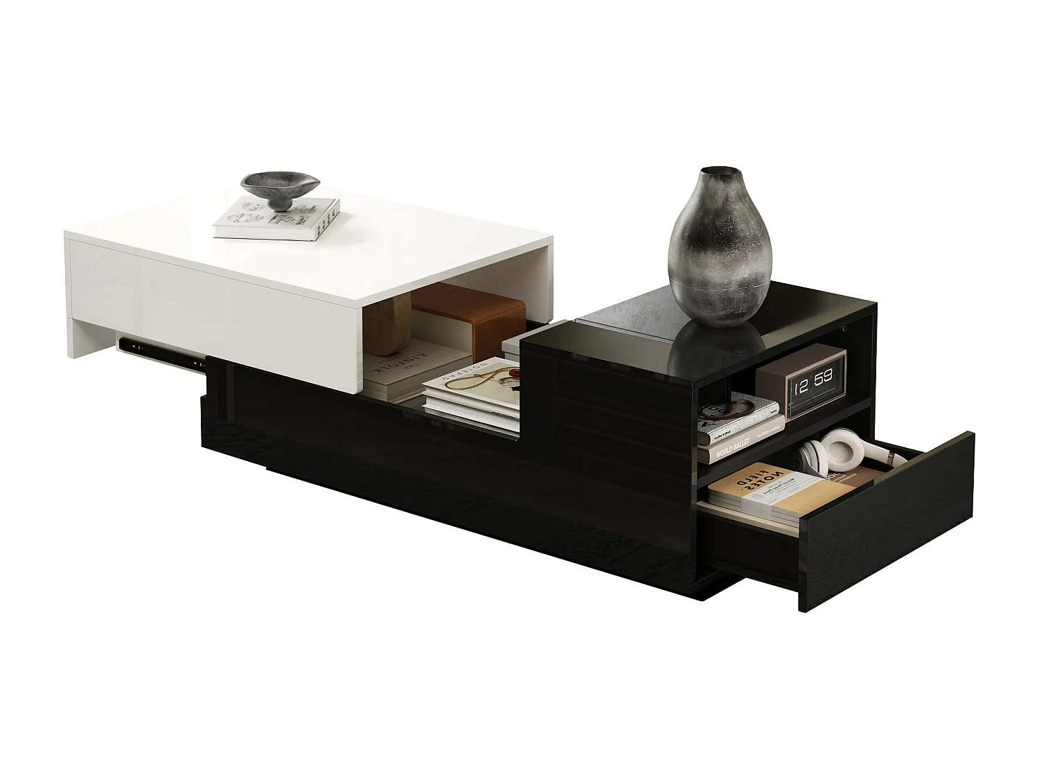 Tavolino da caffè lucido - 100 x 50 x 38 cm - con 1 cassetto + piano scorrevole - truciolare - bianco + nero
