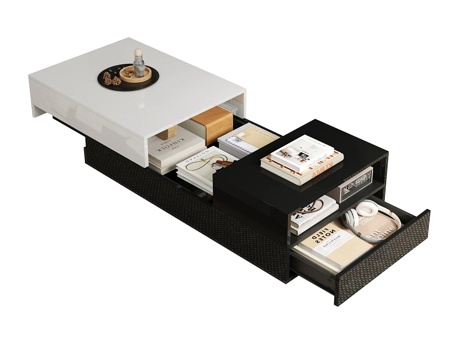 Tavolino da caffè lucido - 100 x 50 x 38 cm - con 1 cassetto + piano scorrevole - truciolare - bianco + nero