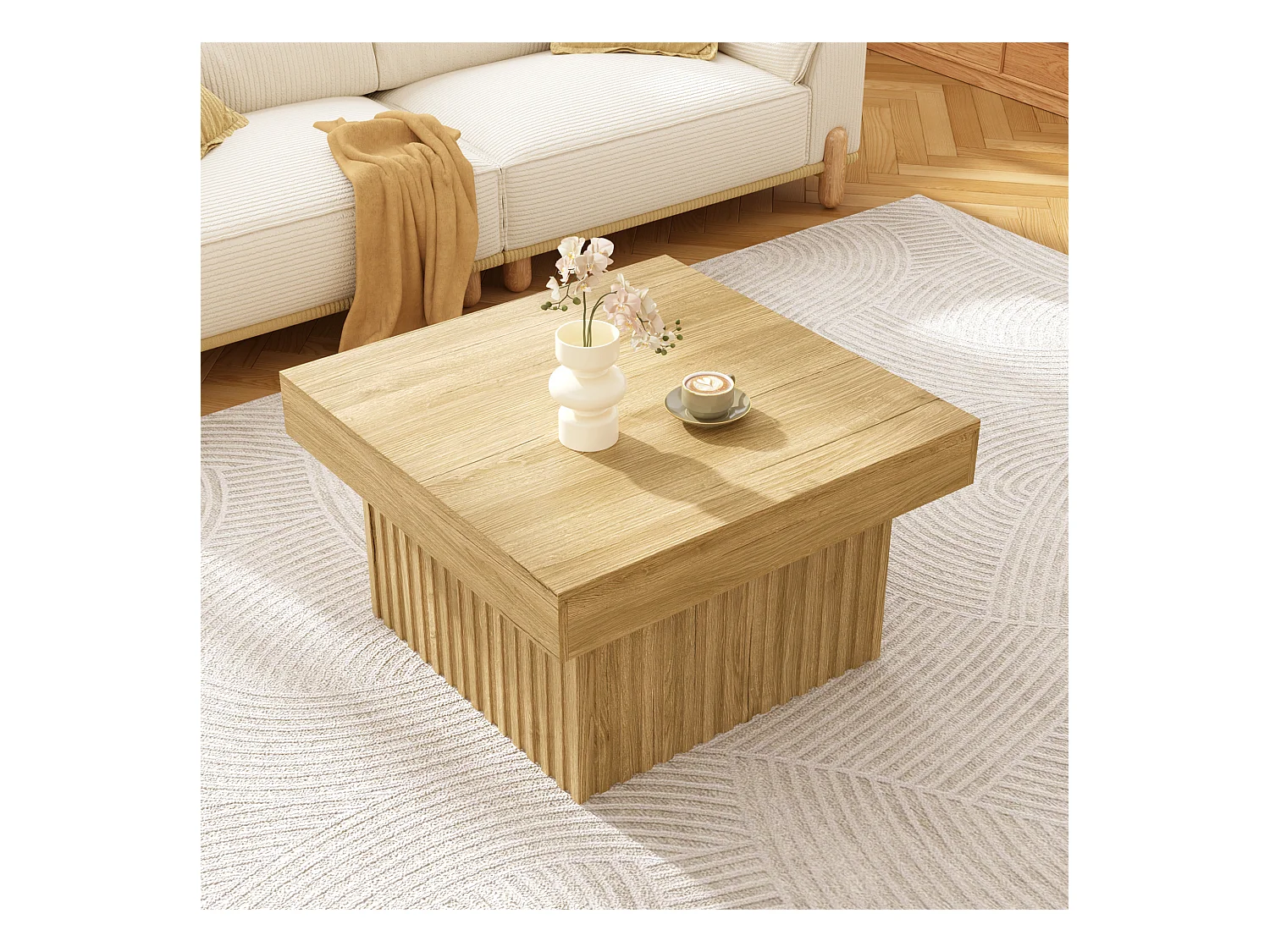 Table basse élégante en bois - 79 x 79 x 46 cm - design moderne - MDF + aggloméré - naturel