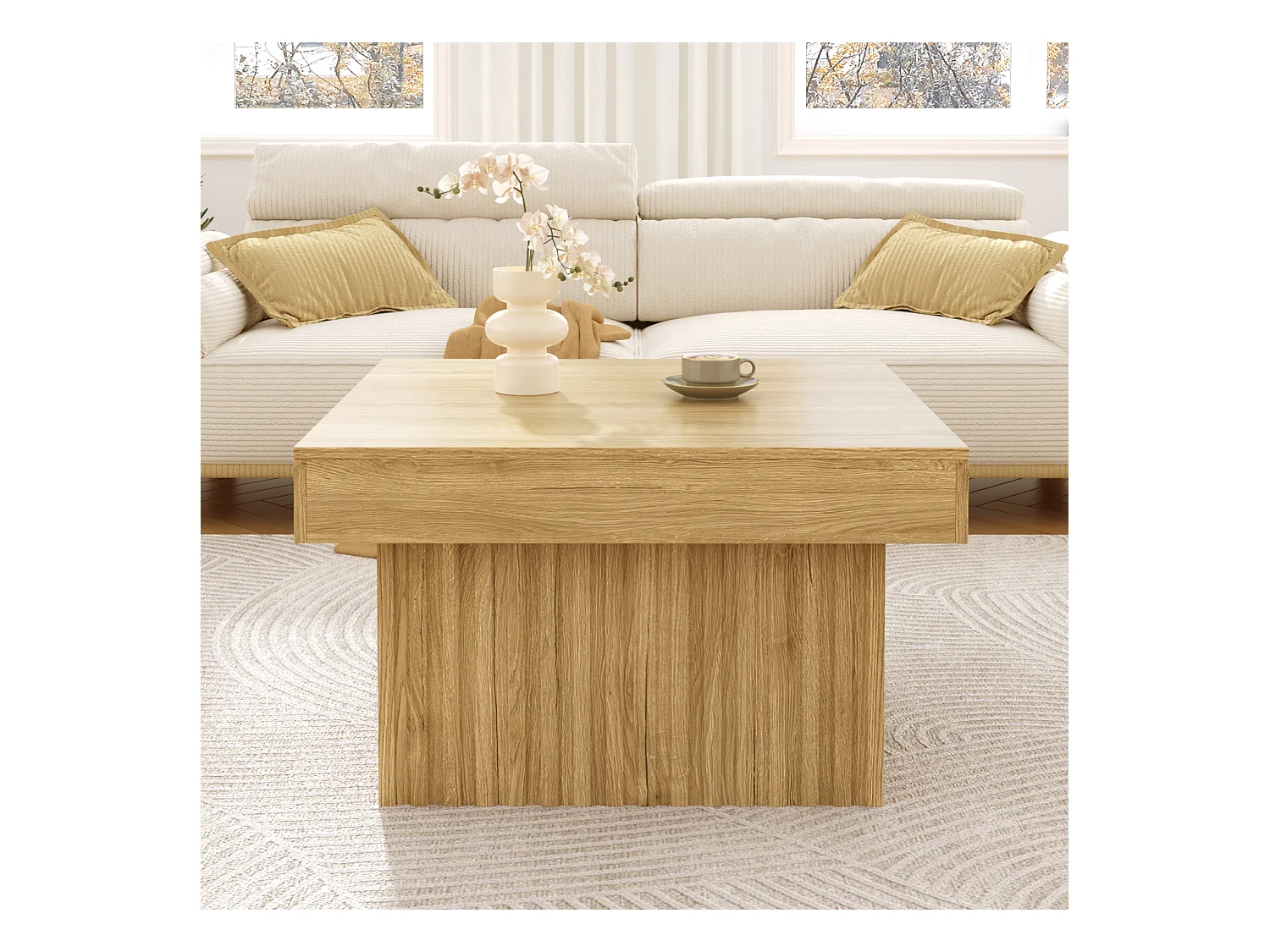 Table basse élégante en bois - 79 x 79 x 46 cm - design moderne - MDF + aggloméré - naturel