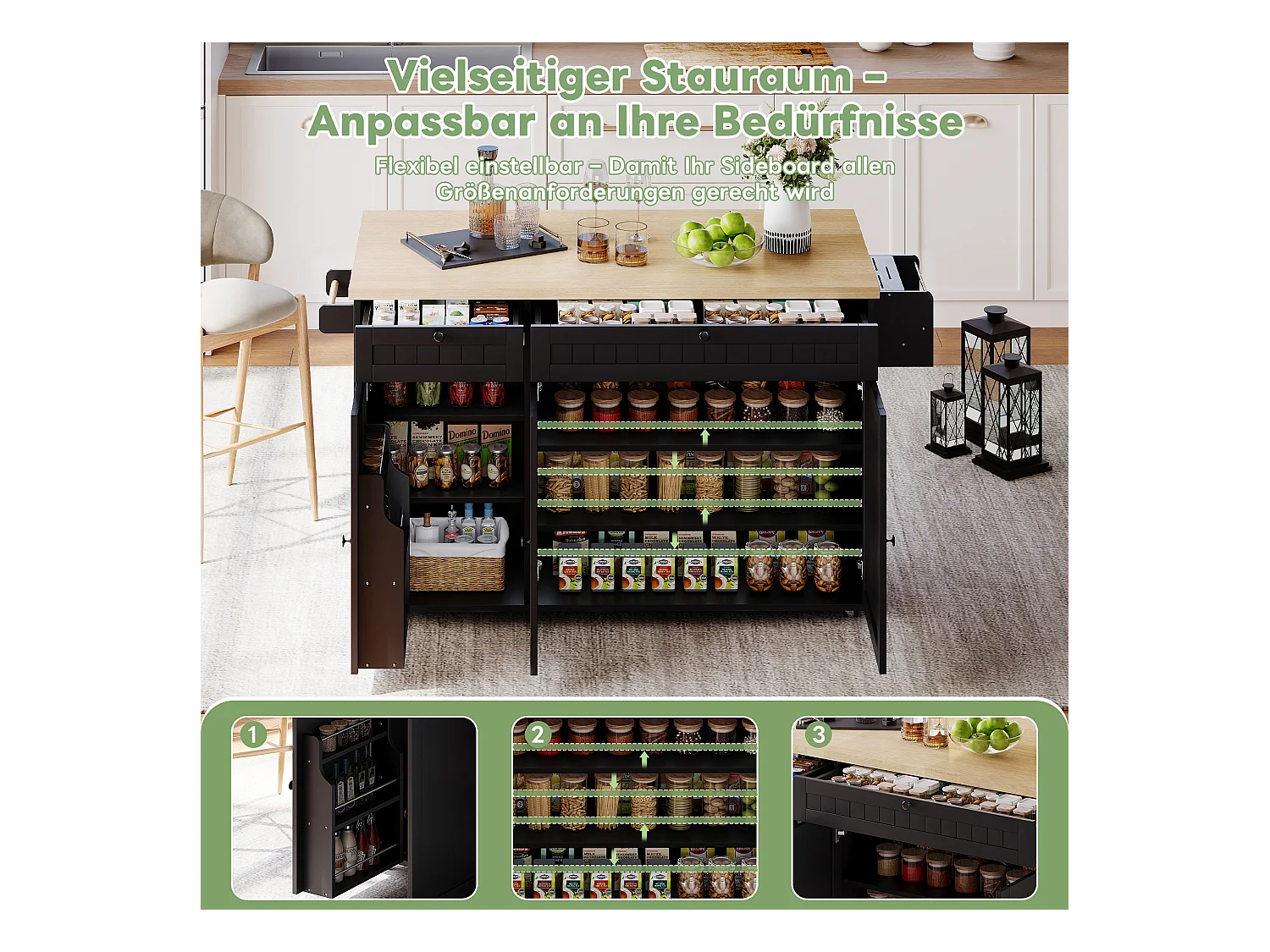 Îlot central avec plan de travail rabattable - 137 x 45/70 x 89.5 cm - avec 2 tiroirs + 3 portes - MDF - noir