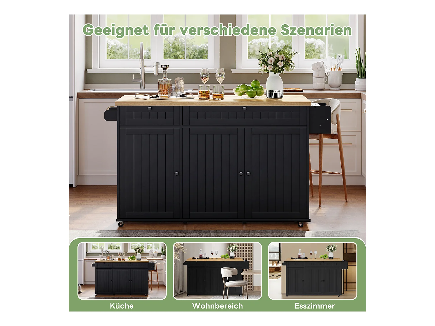 Îlot central avec plan de travail rabattable - 137 x 45/70 x 89.5 cm - avec 2 tiroirs + 3 portes - MDF - noir