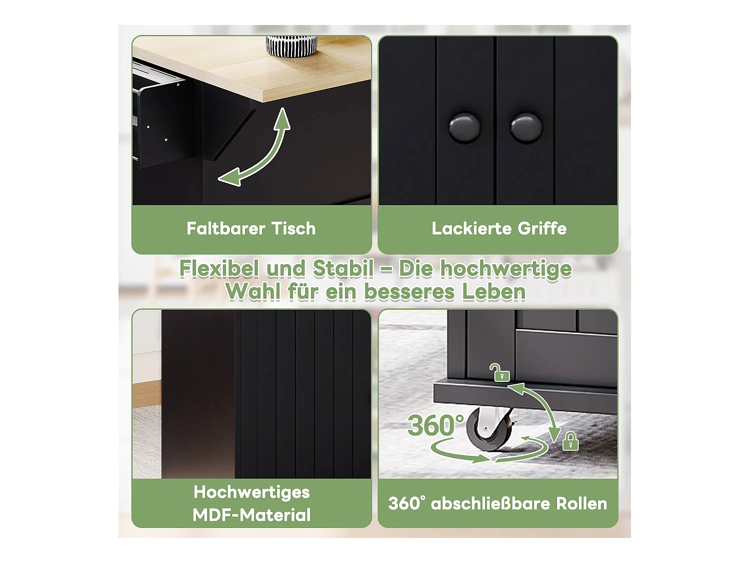 Îlot central avec plan de travail rabattable - 137 x 45/70 x 89.5 cm - avec 2 tiroirs + 3 portes - MDF - noir