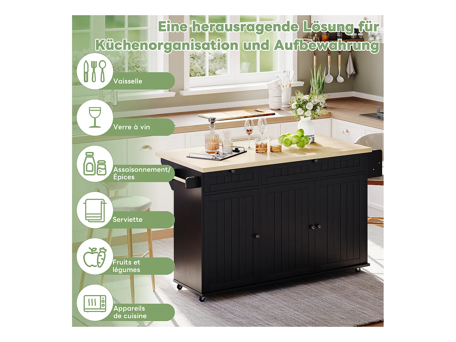 Îlot central avec plan de travail rabattable - 137 x 45/70 x 89.5 cm - avec 2 tiroirs + 3 portes - MDF - noir