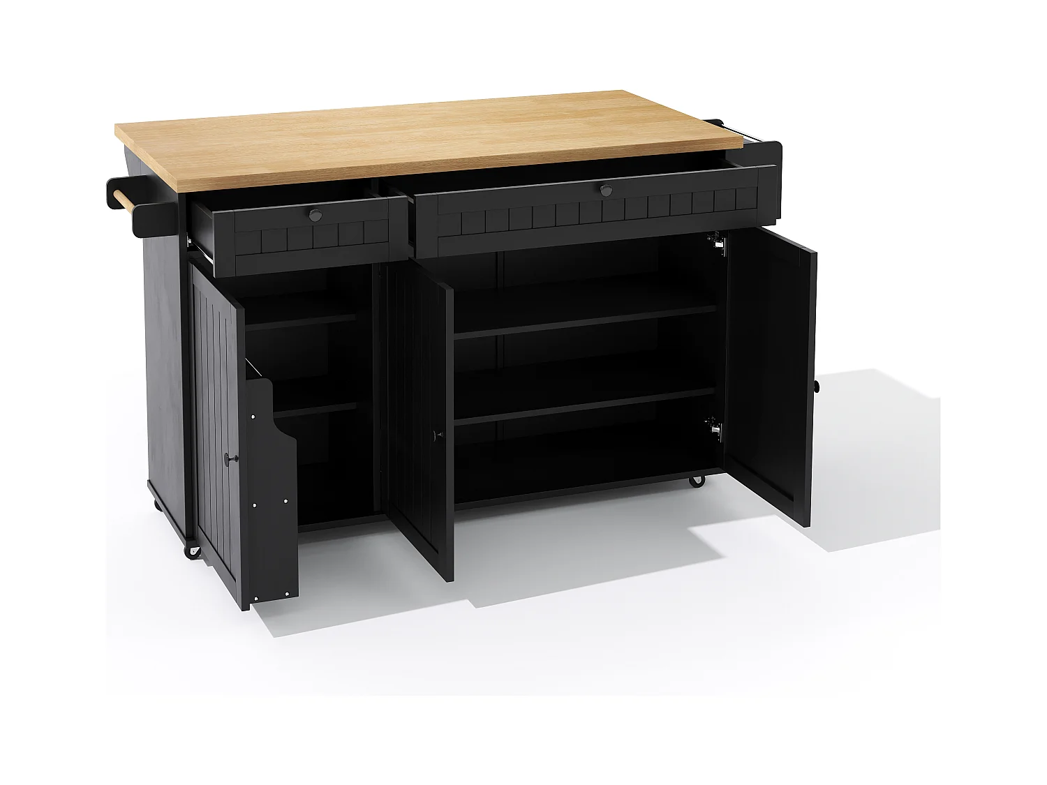 Îlot central avec plan de travail rabattable - 137 x 45/70 x 89.5 cm - avec 2 tiroirs + 3 portes - MDF - noir