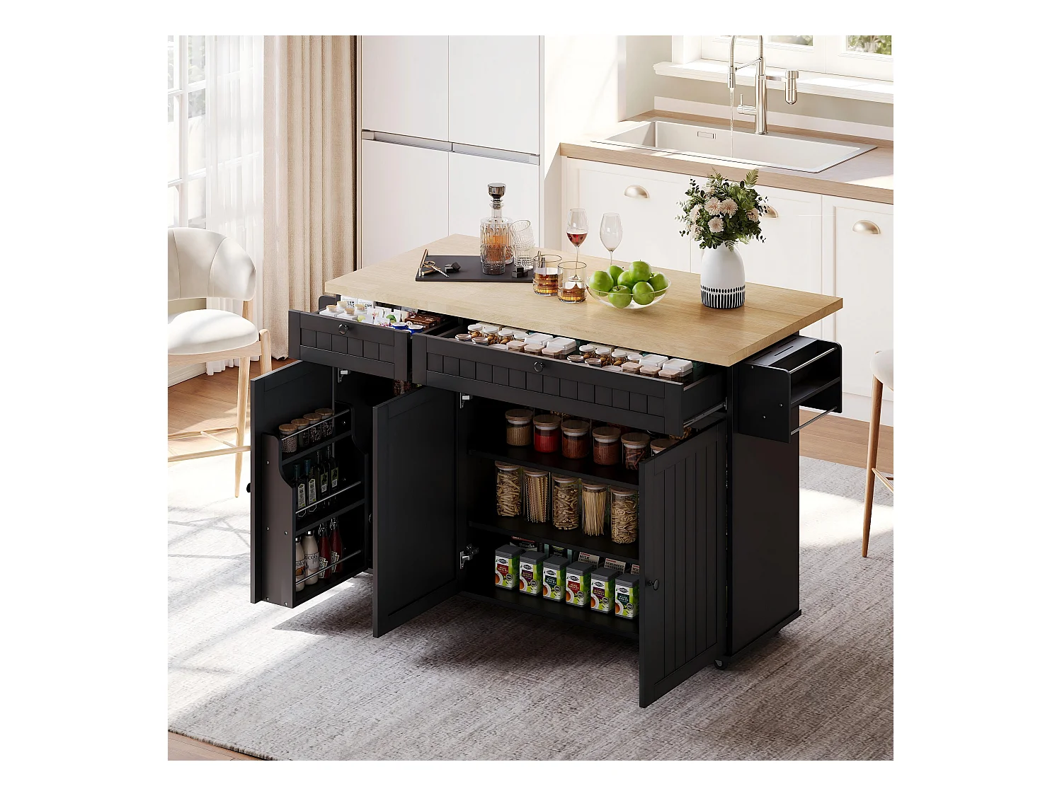 Îlot central avec plan de travail rabattable - 137 x 45/70 x 89.5 cm - avec 2 tiroirs + 3 portes - MDF - noir