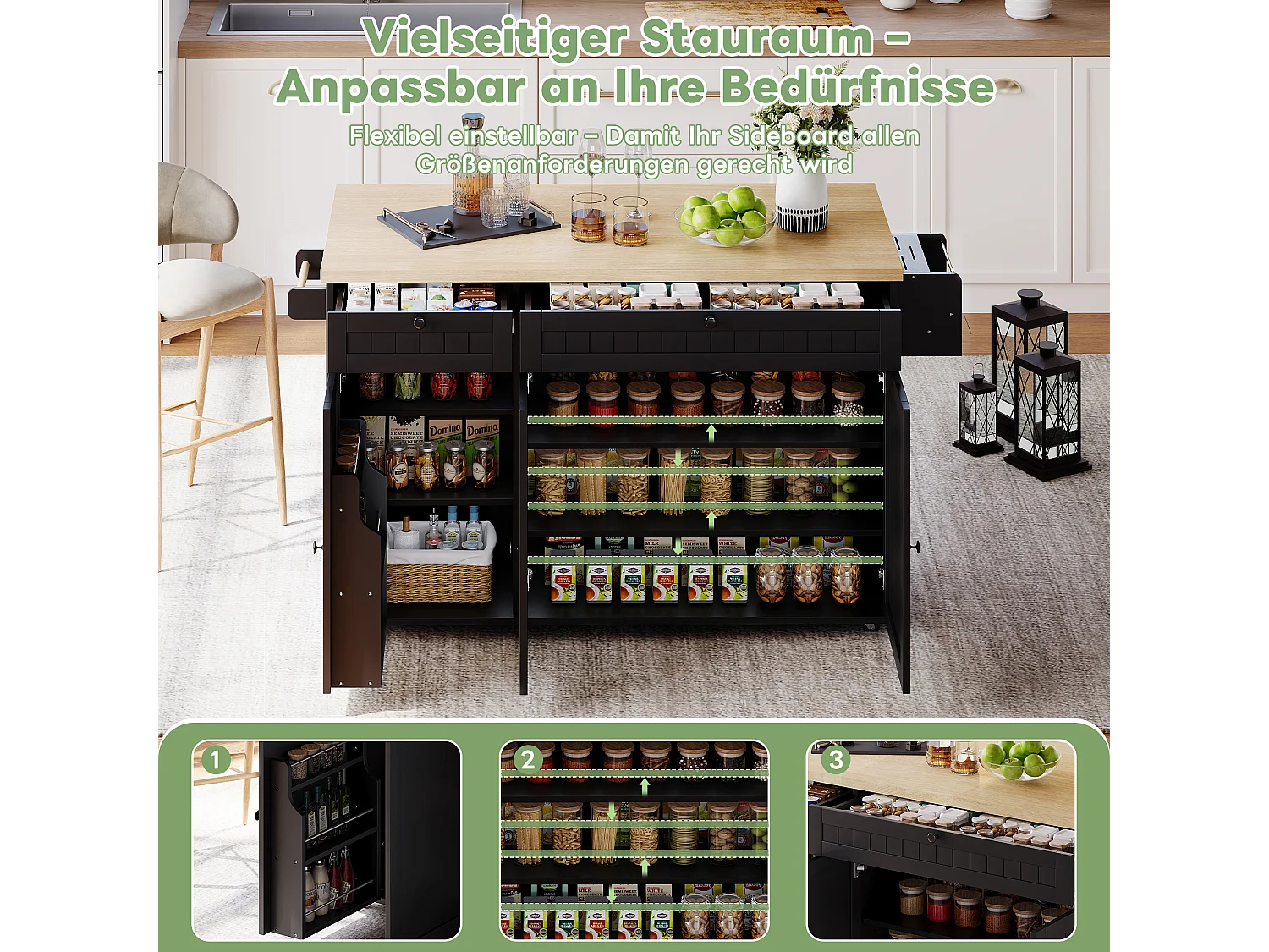 Mittelinsel mit klappbarer Arbeitsplatte - 137 x 45/70 x 89,5 cm - mit 2 Schubladen + 3 Türen - MDF - Schwarz