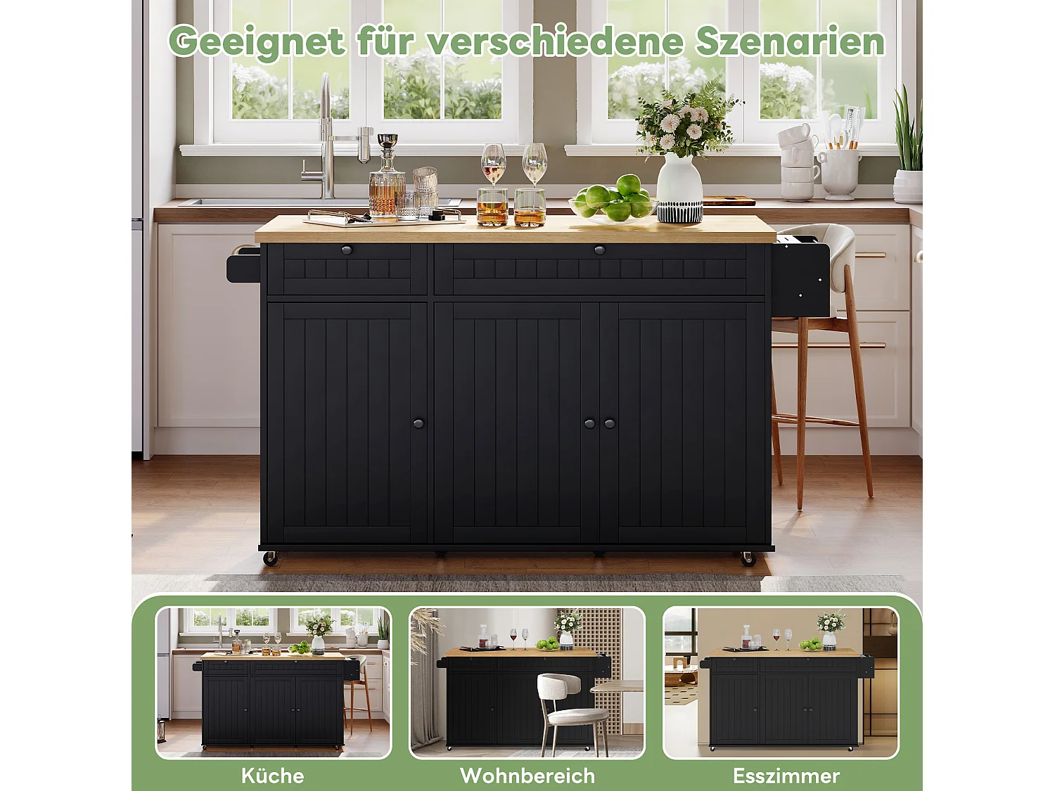 Mittelinsel mit klappbarer Arbeitsplatte - 137 x 45/70 x 89,5 cm - mit 2 Schubladen + 3 Türen - MDF - Schwarz