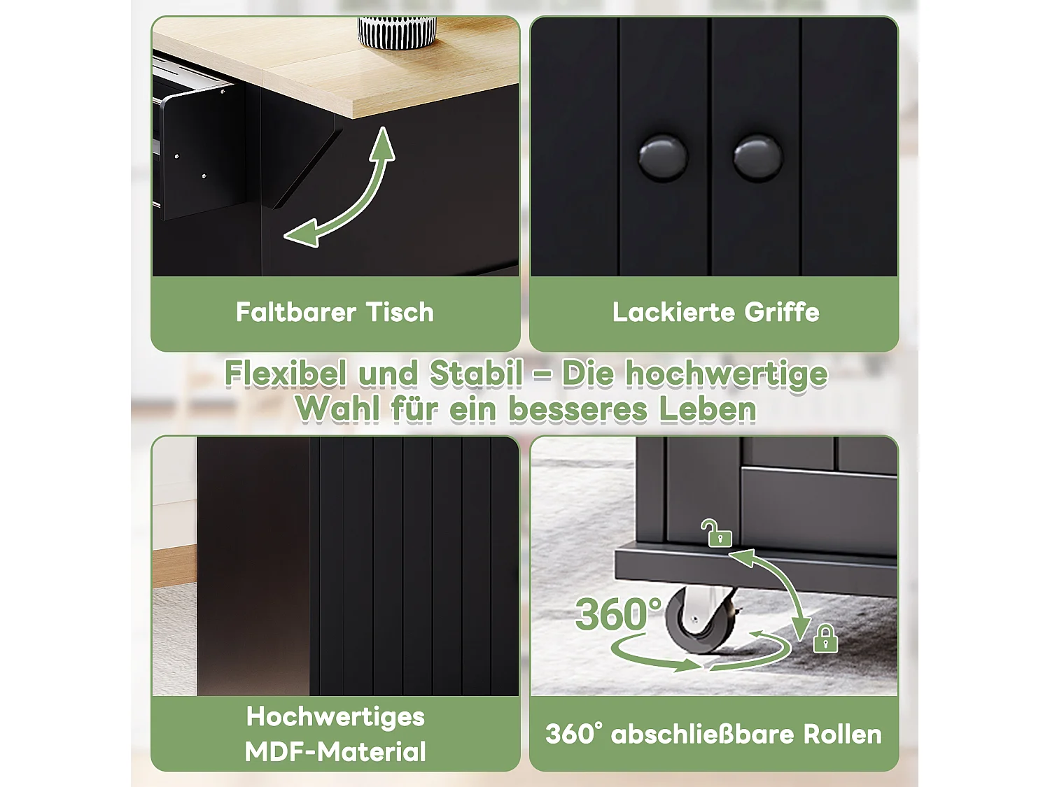 Mittelinsel mit klappbarer Arbeitsplatte - 137 x 45/70 x 89,5 cm - mit 2 Schubladen + 3 Türen - MDF - Schwarz