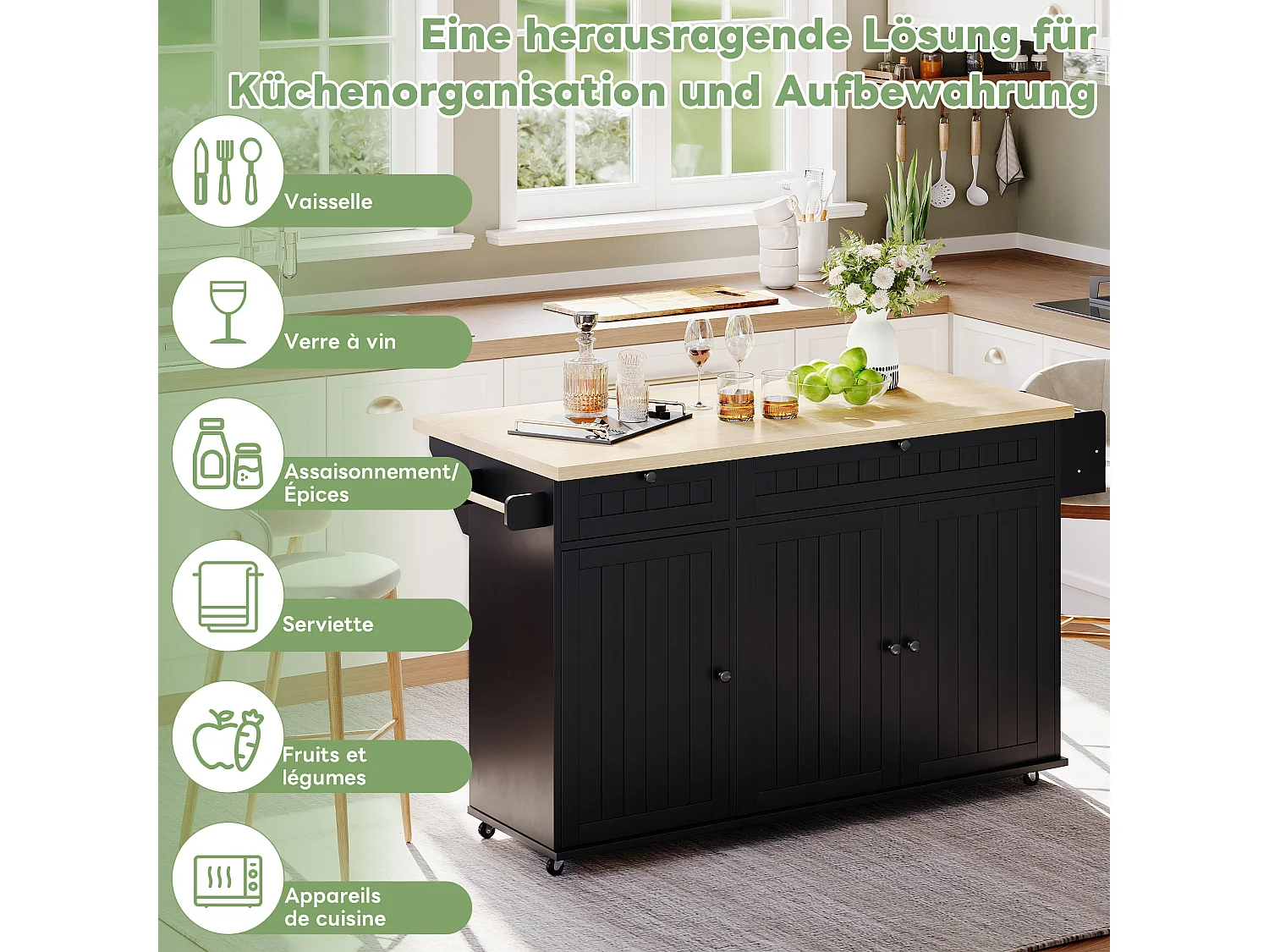 Mittelinsel mit klappbarer Arbeitsplatte - 137 x 45/70 x 89,5 cm - mit 2 Schubladen + 3 Türen - MDF - Schwarz