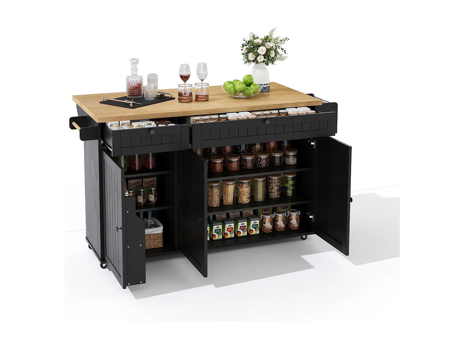 Mittelinsel mit klappbarer Arbeitsplatte - 137 x 45/70 x 89,5 cm - mit 2 Schubladen + 3 Türen - MDF - Schwarz