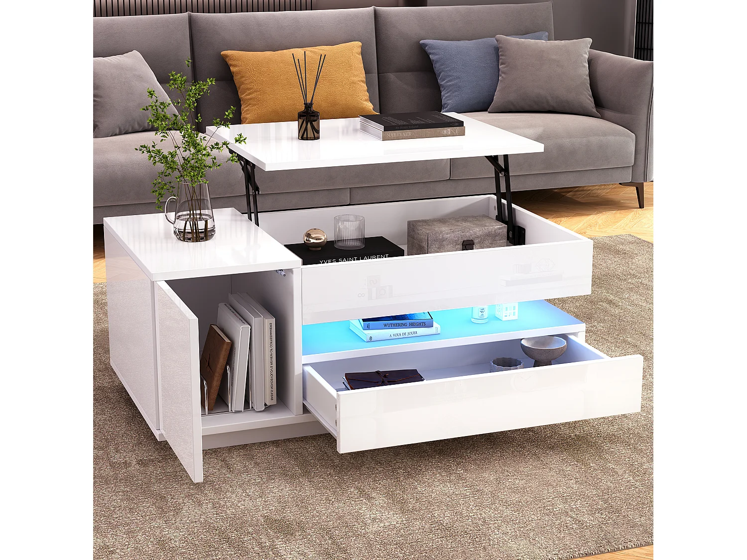 Table basse avec fonction élévatrice et LED – MDF, blanc, 1 tiroir, 1 armoire, rangement caché (95x50x34.5 cm)