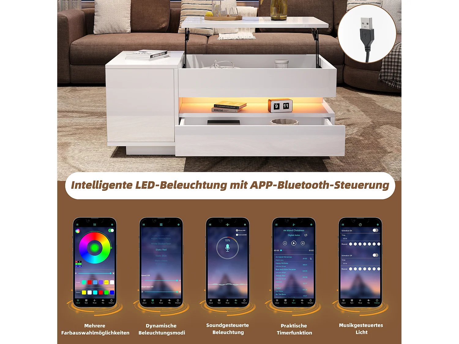 Table basse avec fonction élévatrice et LED – MDF, blanc, 1 tiroir, 1 armoire, rangement caché (95x50x34.5 cm)