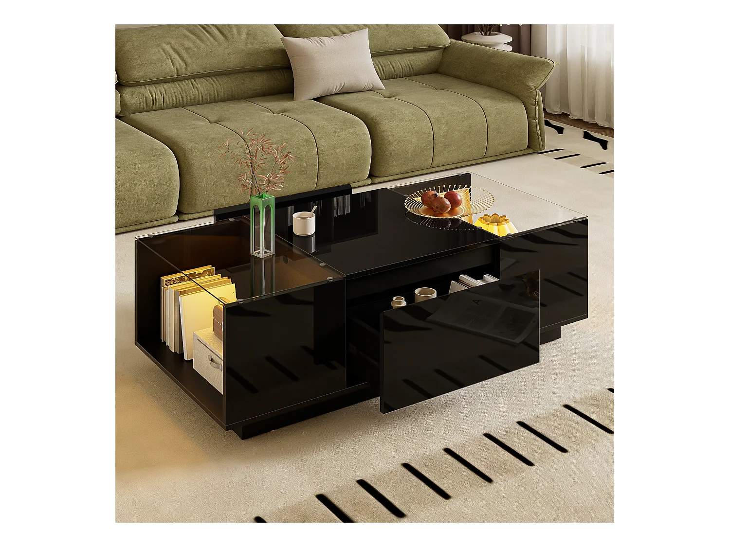 Table basse moderne avec LED, stockage, verre, design noir et blanc (105x50x35 cm)