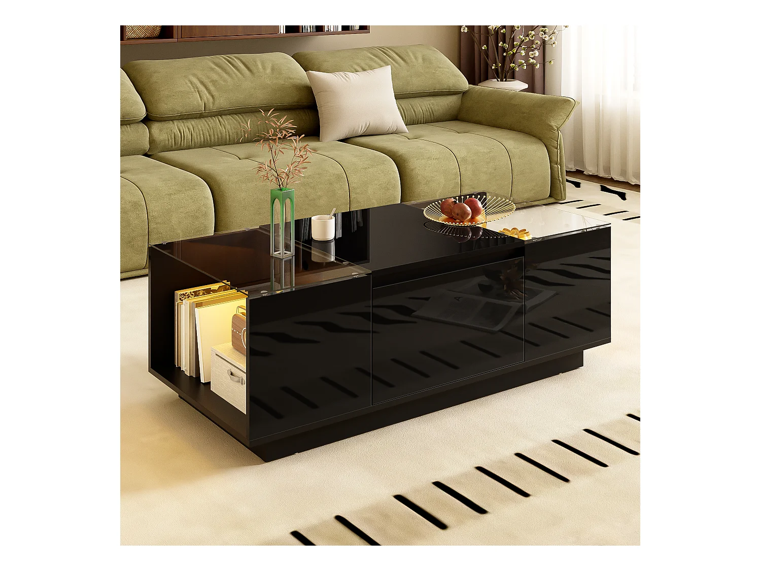 Table basse moderne avec LED, stockage, verre, design noir et blanc (105x50x35 cm)