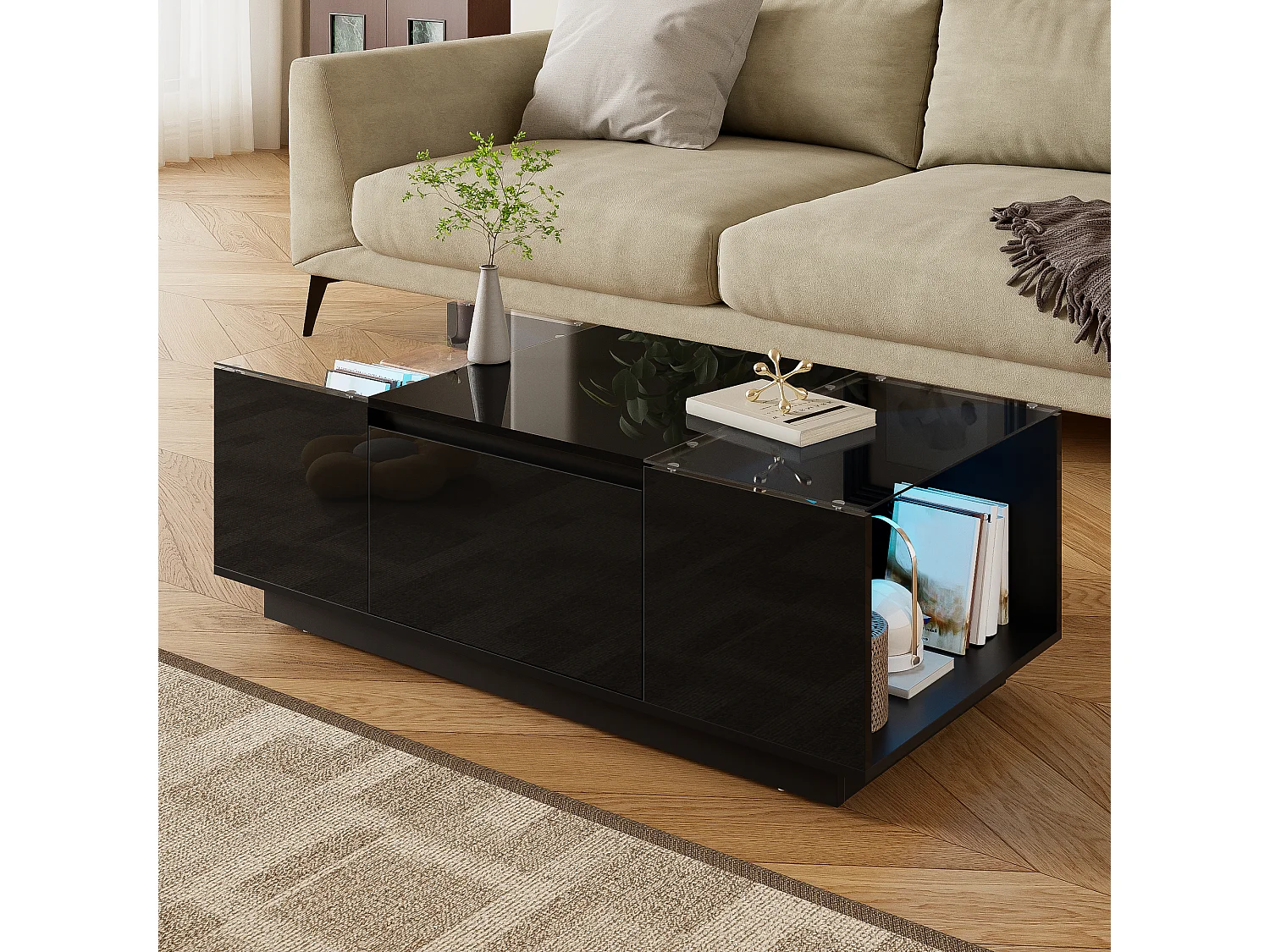 Table basse moderne avec LED, stockage, verre, design noir et blanc (105x50x35 cm)