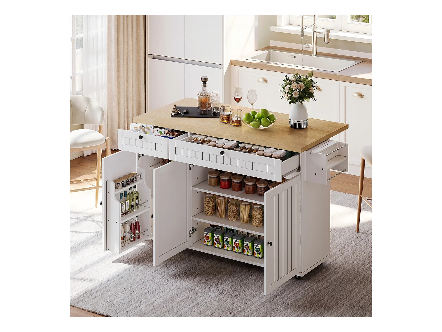 Îlot central avec plan de travail rabattable - 137 x 45/70 x 89.5 cm - avec 2 tiroirs + 3 portes - MDF - blanc