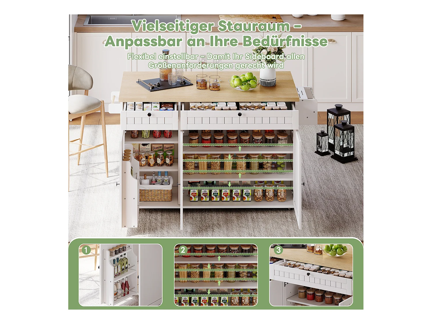 Îlot central avec plan de travail rabattable - 137 x 45/70 x 89.5 cm - avec 2 tiroirs + 3 portes - MDF - blanc