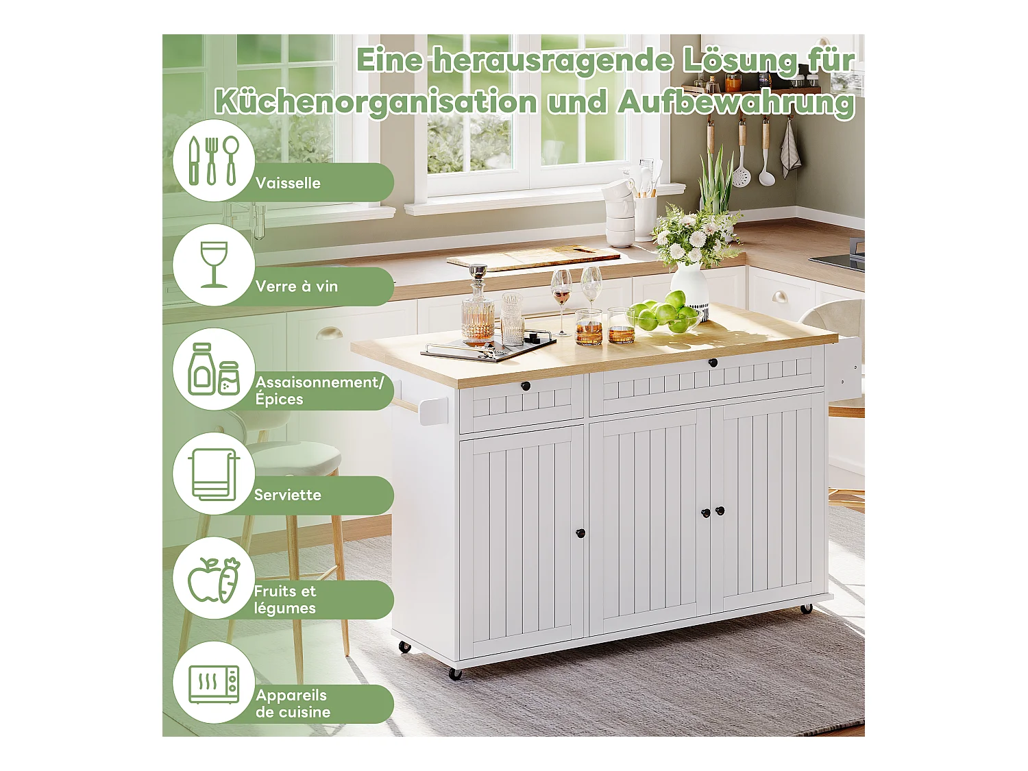 Îlot central avec plan de travail rabattable - 137 x 45/70 x 89.5 cm - avec 2 tiroirs + 3 portes - MDF - blanc