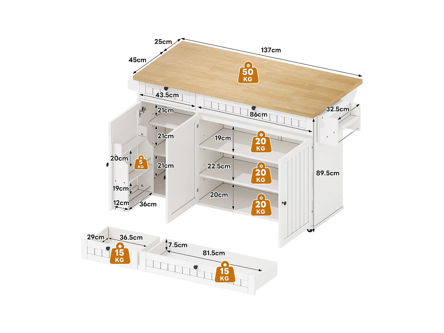 Îlot central avec plan de travail rabattable - 137 x 45/70 x 89.5 cm - avec 2 tiroirs + 3 portes - MDF - blanc