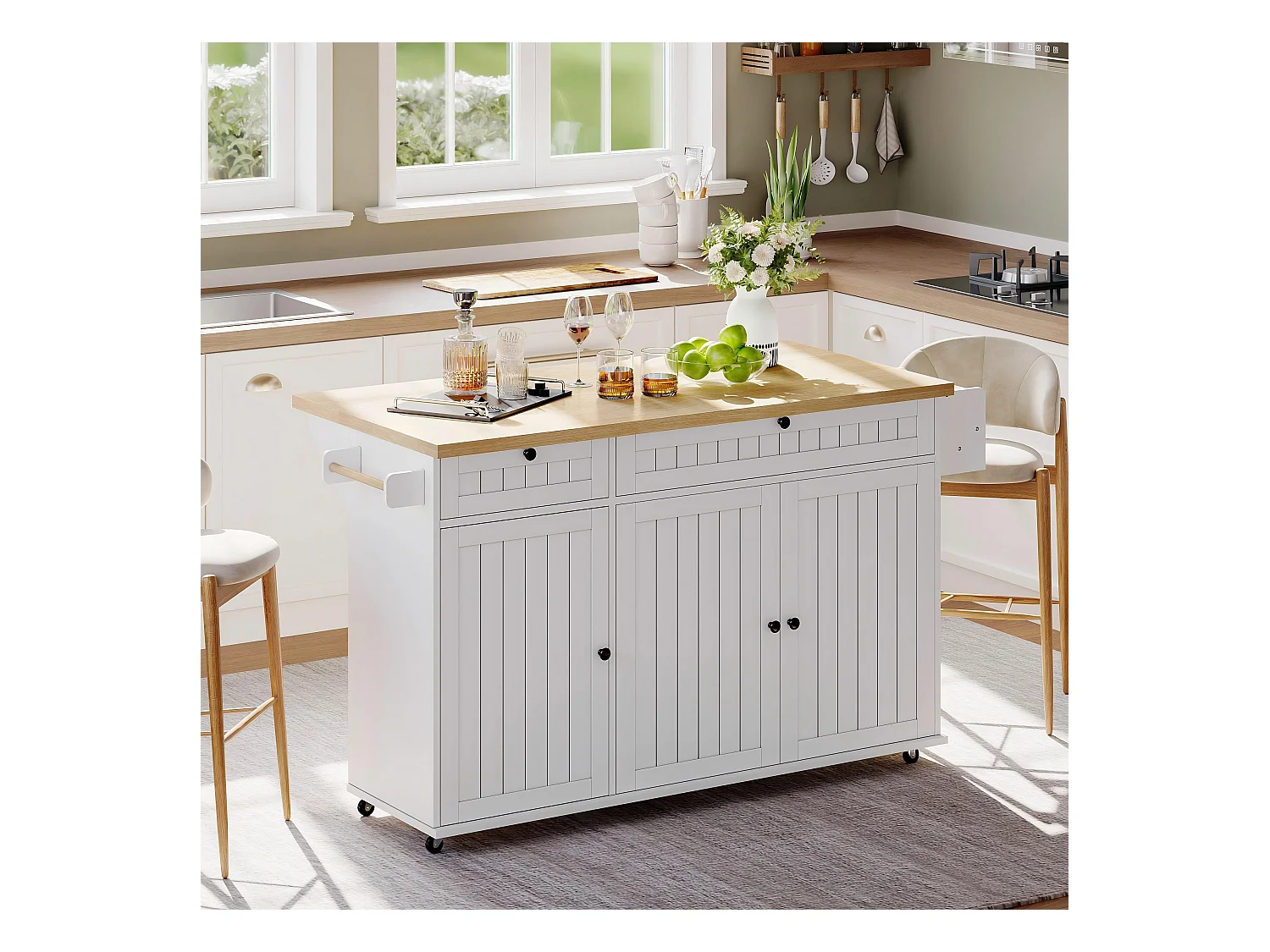 Îlot central avec plan de travail rabattable - 137 x 45/70 x 89.5 cm - avec 2 tiroirs + 3 portes - MDF - blanc