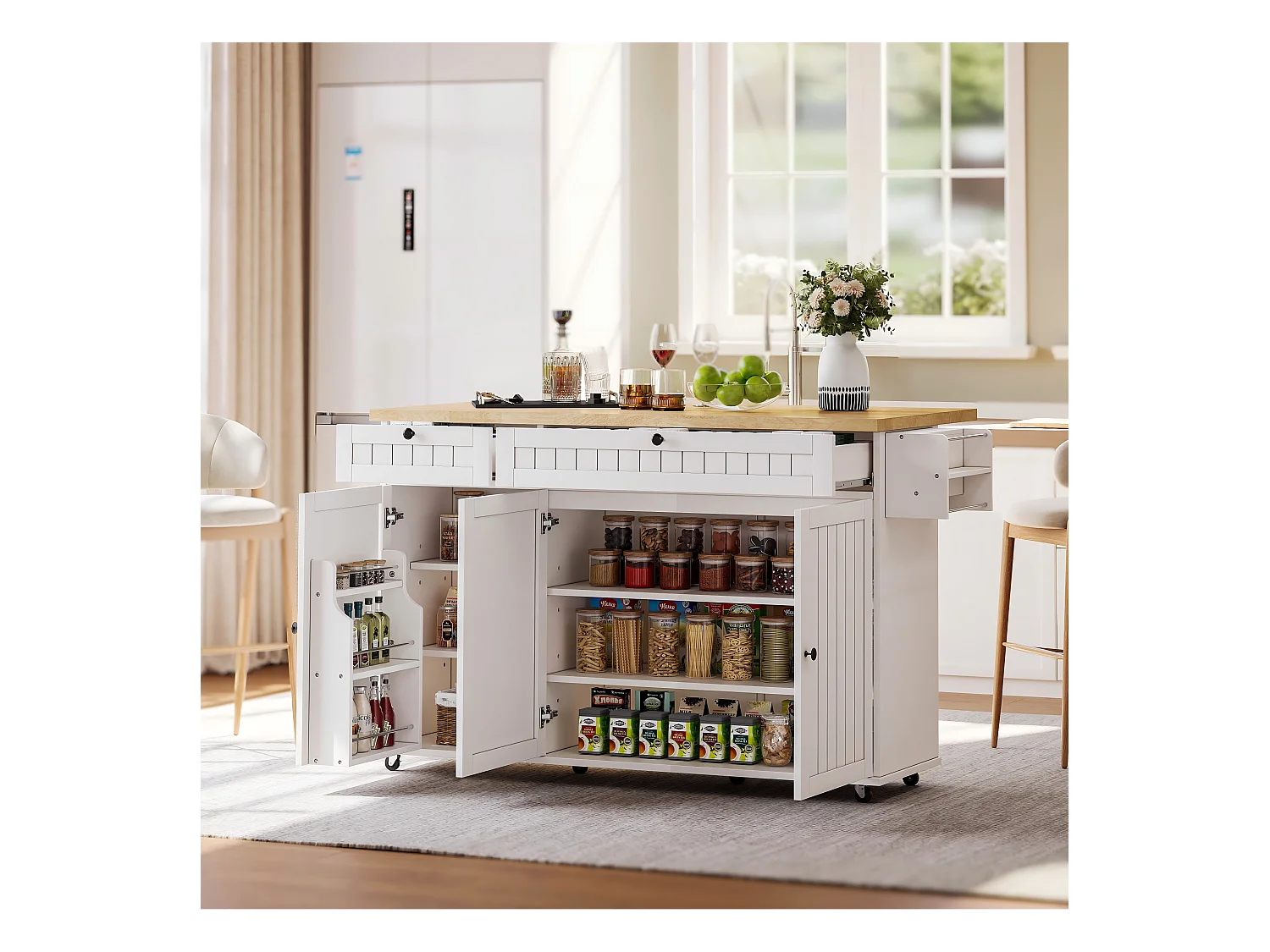 Îlot central avec plan de travail rabattable - 137 x 45/70 x 89.5 cm - avec 2 tiroirs + 3 portes - MDF - blanc